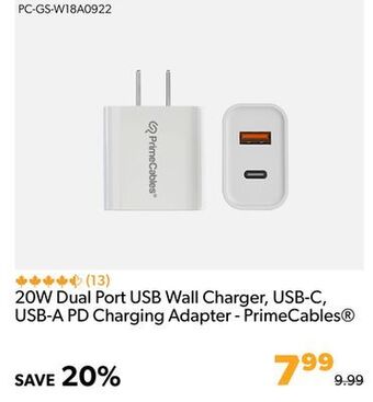 Shopper+ 20w dual port usb wall charger, usb-c, usb-a pd charging adapter - primecables offer