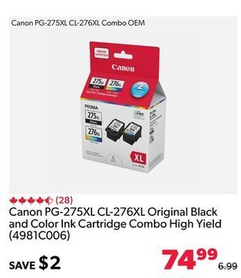 Shopper+ Canon pg-275xl cl-276xl original black and color ink cartridge combo high yield (4981c006) offer