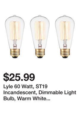 Wayfair Lyle 60 watt, st19 incandescent, dimmable light bulb, warm white (2200k) e26/medium (standard) base (set of 3) offer