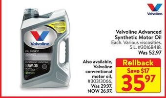 Walmart Valvoline advanced synthetic motor oil offer