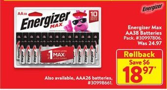 Walmart Energizer max aa38 batteries offer