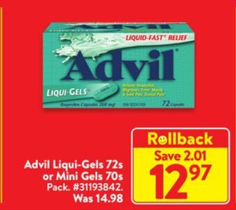 Walmart Advil liqui-gels 72s or mini gels 70s offer