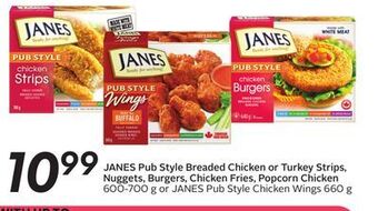 Sobeys Pub style breaded chicken or turkey strips, nuggets, burgers, chicken fries, popcorn chicken offer