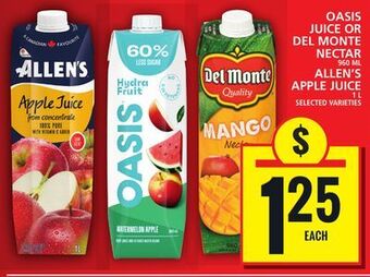 Food Basics Oasis juice or del monte nectar 960 ml allen's apple juice offer