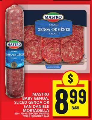 Food Basics Mastro baby genoa, sliced genoa or san daniele mortadella offer