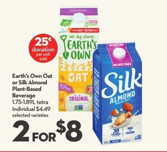 Longo's Earth's own oat or silk almond plant-based beverage offer