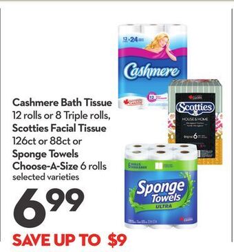 Longo's Cashmere bath tissue 12 rolls or 8 triple rolls, scotties facial tissue 126ct or 88ct or sponge towels choose-a-size 6 rolls offer