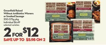 Longo's Greenfield raised without antibiotics wieners or smoked sausage offer