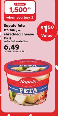 Independent Grocer Saputo feta, 170/200 g or shredded cheese, 140 g offer