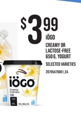 Independent Grocer Iögo creamy or lactose-free 650 g, yogurt offer