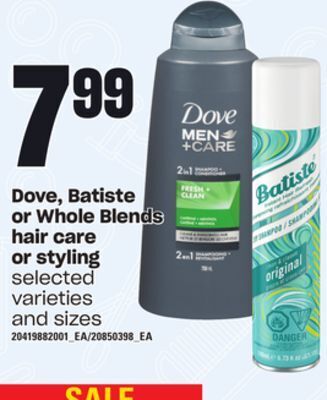 Independent Grocer Dove, batiste or whole blends hair care or styling offer