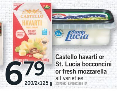 Fortinos Castello havarti or st. lucia bocconcini or fresh mozzarella, 200/2x125 g offer