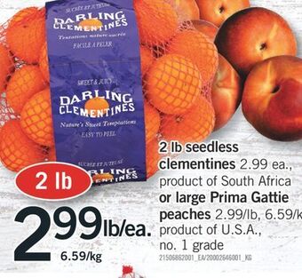 Fortinos 2 lb seedless clementines 2.99 ea., product of south africa or large prima gattie peaches 2.99/lb offer