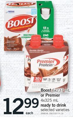 Fortinos Boost 6x237 ml or premier 4x325 ml ready to drink offer