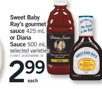 Fortinos Sweet baby ray's gourmet sauce 425 ml or diana sauce 500 ml offer
