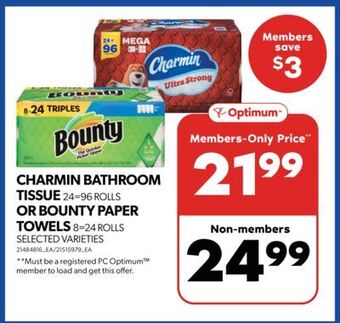 Real Canadian Superstore Charmin bathroom tissue, 24=96 rolls or bounty paper towels, 8=24 rolls offer