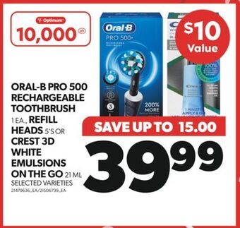 Real Canadian Superstore Oral-b pro 500 rechargeable toothbrush 1 ea., refill heads 5's or crest 3d white emulsions on the go 21 ml offer