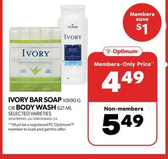 Real Canadian Superstore Ivory bar soap, 10x90 g or body wash, 621 ml offer
