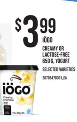 Loblaws Iögo creamy or lactose-free yogurt, 650 g offer
