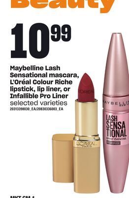 Loblaws Maybelline lash sensational mascara, l'oréal colour riche lipstick, lip liner, or infallible pro liner offer