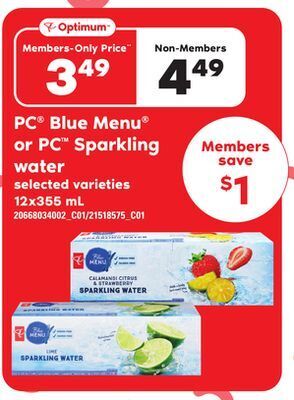 Loblaws Pc blue menu or pc sparkling water, 12x355 ml offer