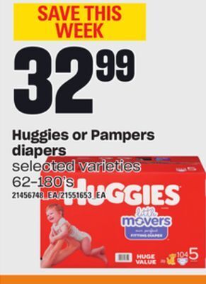 Loblaws Huggies or pampers diapers, 62-180's offer