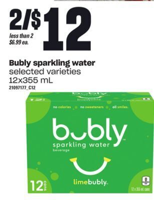 Loblaws Bubly sparkling water, 12x355 ml offer