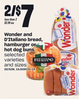 Loblaws Wonder and d'italiano bread, hamburger or hot dog buns offer