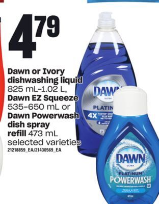 Loblaws Dawn or ivory dishwashing liquid, 825 ml-1.02 l, dawn ez squeeze, 535-650 ml or dawn powerwash dish spray refill, 473 ml offer