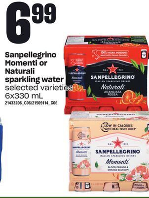 Loblaws Sanpellegrino momenti or naturali sparkling water, 6x330 ml offer