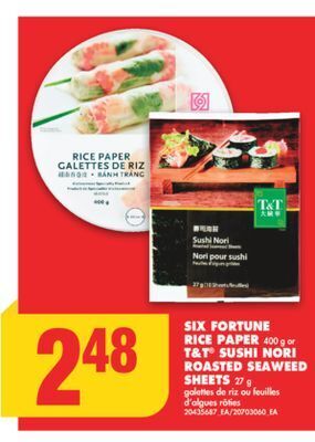 No Frills Six fortune rice paper, 400 g or t&t sushi nori roasted seaweed sheets 27 g offer
