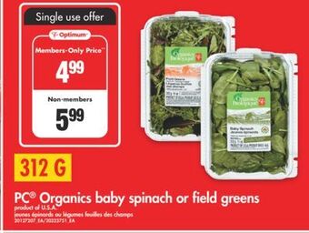 No Frills Pc organics baby spinach or field greens, 312 g offer