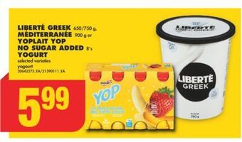 No Frills Liberté greek 650/750 g, méditerranée 900 g or yoplait yop no sugar added 8's yogurt offer