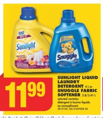 No Frills Sunlight liquid laundry detergent, 4 l or snuggle fabric softener, 2.8/3.41 l offer