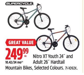 Canadian Tire Supercycle nitro xt youth 24 and adult 26 hardtail mountain bikes selected colours offer