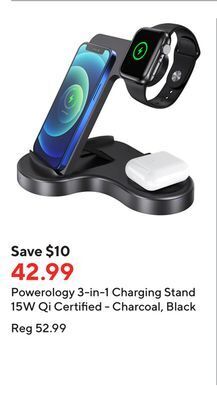 Staples Powerology 3-in-1 charging stand 15w qi certified - charcoal, black offer