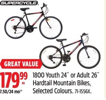 Canadian Tire Supercycle 1800 youth 24˝ or adult 26˝ hardtail mountain bikes, selected colours offer