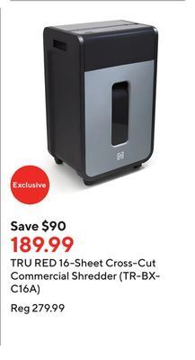 Staples Tru red 16-sheet cross-cut commercial shredder (tr-bxc16a) offer
