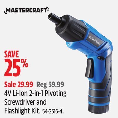Canadian Tire Mastercraft 4v li-ion 2-in-1 pivoting screwdriver and flashlight kit offer