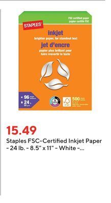 Staples Staples fsc-certified inkjet paper - 24 lb. - 8.5 x 11 - white - 500 sheets offer
