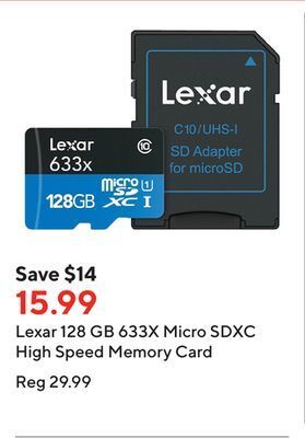 Staples Lexar 128 gb 633x micro sdxc high speed memory card offer
