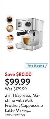 Walmart 2 in 1 espresso machine with milk frother, cappuccino latte maker, 15 bar espresso coffee maker, 51-ounce, silver offer