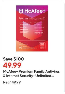 Staples Mcafee+ premium family antivirus & internet security- unlimited devices (windows/mac/android/ios)-1-year subscription offer