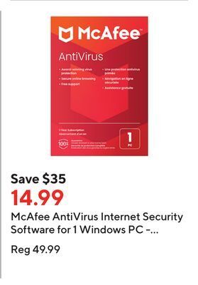 Staples Mcafee antivirus internet security software for 1 windows pc - 1-year subscription offer