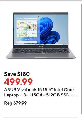 Staples Asus vivobook 15 15.6 intel core laptop - i3-1115g4 - 512gb ssd - 8gb ddr4 - windows 11 - slate grey offer