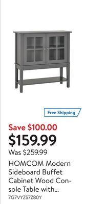 Walmart Homcom modern sideboard buffet cabinet wood console table with glass doors kitchen dining room furniture, dark gray offer