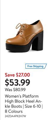 Walmart Women's platform high block heel ankle boots | size 6-10 | 8 colours offer