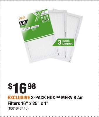 Home Depot Exclusive 3-pack hdx merv 8 air filters 16 x 25 x 1 offer