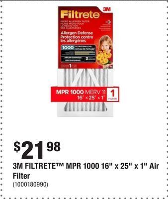 Home Depot 3m filtrete mpr 1000 16 x 25 x 1 air filter offer