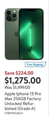 Walmart Apple iphone 13 pro max 256gb factory unlocked refurbished (grade a) offer